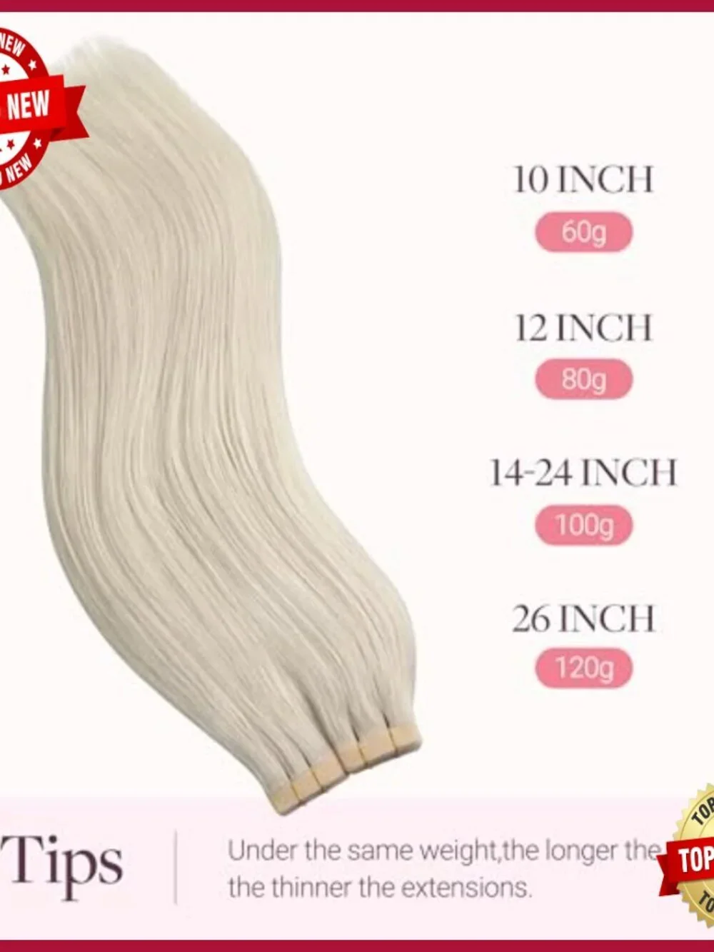20in Tape-In Human Hair Extensions, 100g 40pcs, Straight Seamless